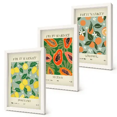 Fruit and flower triptych poster set featuring lemons, papayas, tangerines, and floral illustrations in frames