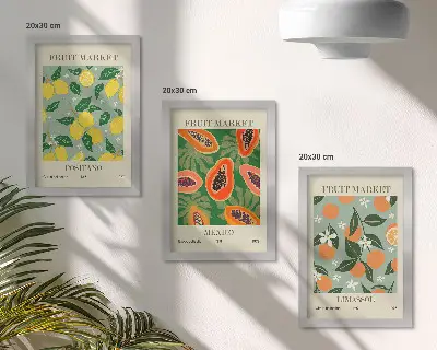 Fruit and flower triptych poster set featuring lemons, papayas, tangerines, and floral illustrations in frames