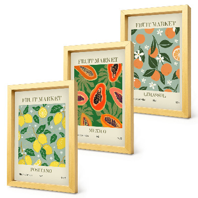 Framed triptych Fruit posters lemons papayas tangerines flowers