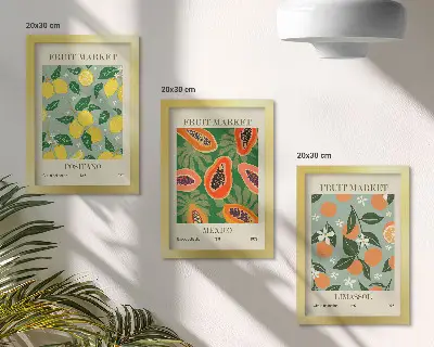 Fruit and flower triptych poster set featuring lemons, papayas, tangerines, and floral illustrations in frames