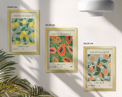 Framed triptych Fruit posters lemons papayas tangerines flowers