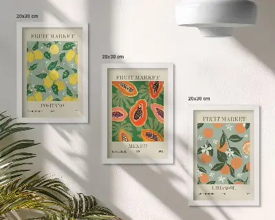 Fruit and flower triptych poster set featuring lemons, papayas, tangerines, and floral illustrations in frames