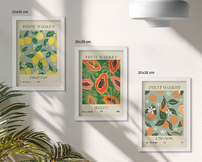Framed triptych Fruit posters lemons papayas tangerines flowers