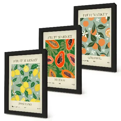 Fruit and flower triptych poster set featuring lemons, papayas, tangerines, and floral illustrations in frames