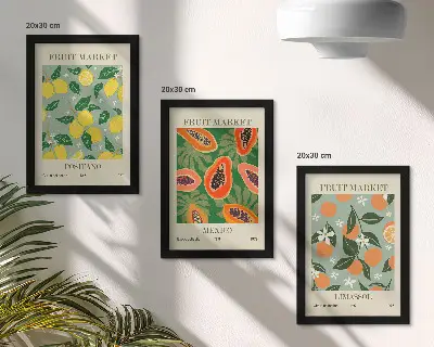 Fruit and flower triptych poster set featuring lemons, papayas, tangerines, and floral illustrations in frames
