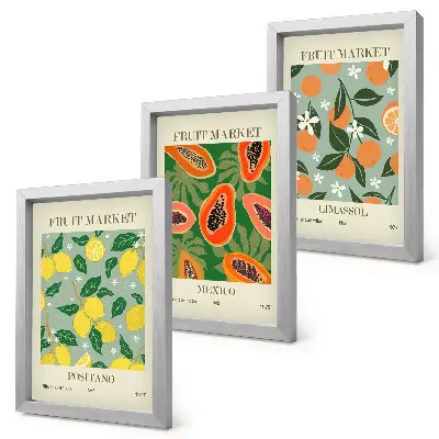 Fruit and flower triptych poster set featuring lemons, papayas, tangerines, and floral illustrations in frames