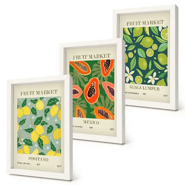 3-piece wall art set featuring fruity patterns of lemons, papayas, and limes