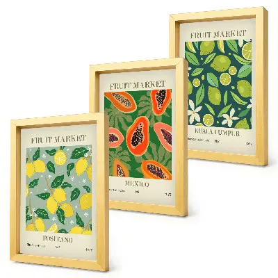 3-piece wall art set featuring fruity patterns of lemons, papayas, and limes