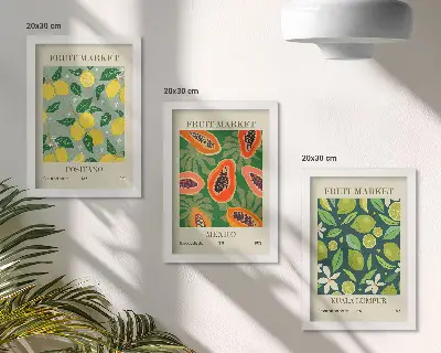 3-piece wall art set featuring fruity patterns of lemons, papayas, and limes