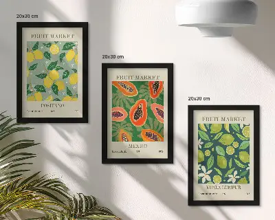 3-piece wall art set featuring fruity patterns of lemons, papayas, and limes