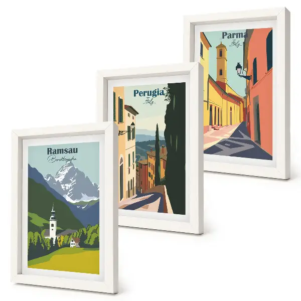 Framed triptych Mountain landscapes and streets of Italian cities