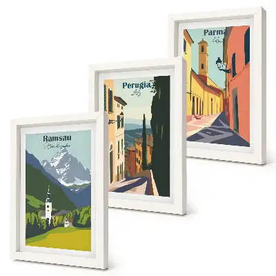 Framed triptych mountain landscapes and Italian city streets