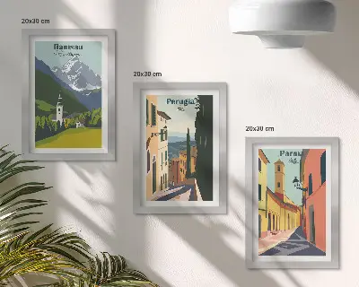 Framed triptych mountain landscapes and Italian city streets
