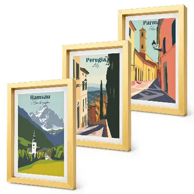 Framed triptych mountain landscapes and Italian city streets