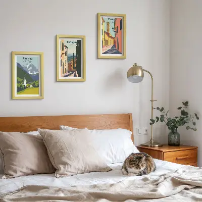 Framed triptych mountain landscapes and Italian city streets