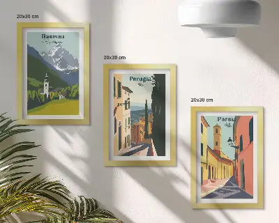 Framed triptych mountain landscapes and Italian city streets