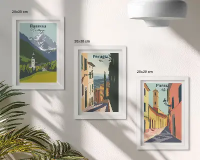 Framed triptych mountain landscapes and Italian city streets