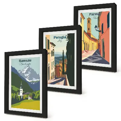 Framed triptych Mountain landscapes and streets of Italian cities