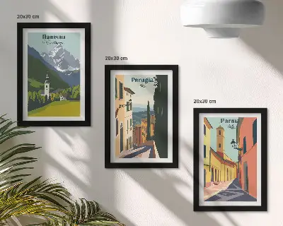 Framed triptych Mountain landscapes and streets of Italian cities
