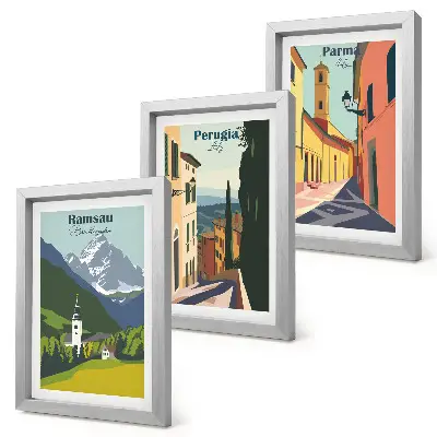 Framed triptych Mountain landscapes and streets of Italian cities
