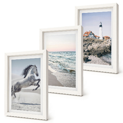 Photo frame wall Horses in motion beach and lighthouse water waves