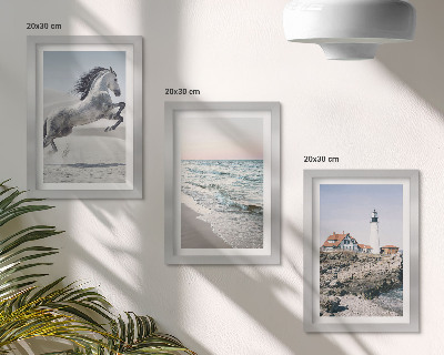Photo frame wall Horses in motion beach and lighthouse water waves