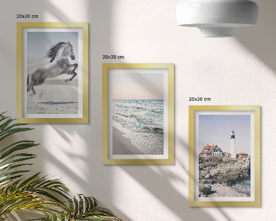 Photo frame wall Horses in motion beach and lighthouse water waves