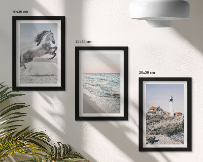 Photo frame wall Horses in motion beach and lighthouse water waves