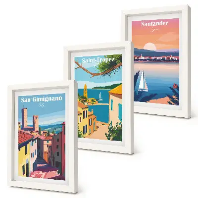 Photo frame wall with Italian towns and retro seaside landscapes