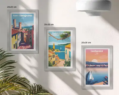 Photo frame wall with Italian towns and retro seaside landscapes