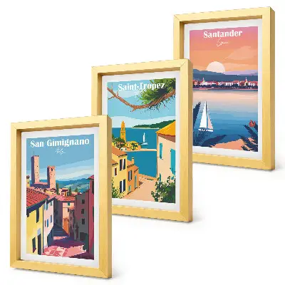 Photo frame wall with Italian towns and retro seaside landscapes