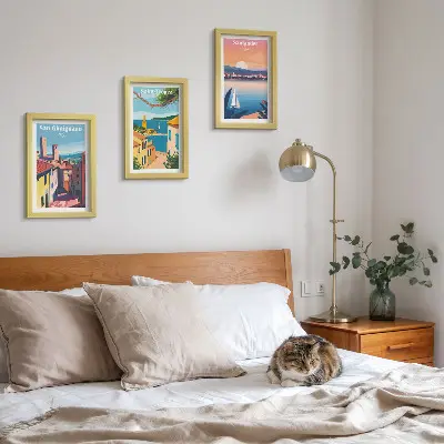 Photo frame wall with Italian towns and retro seaside landscapes