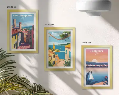 Photo frame wall with Italian towns and retro seaside landscapes
