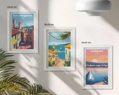 Photo frame wall with Italian towns and retro seaside landscapes