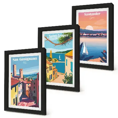 Photo frame wall with Italian towns and retro seaside landscapes