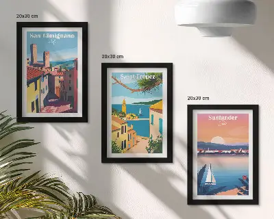 Photo frame wall with Italian towns and retro seaside landscapes