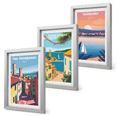 Photo frame wall with Italian towns and retro seaside landscapes
