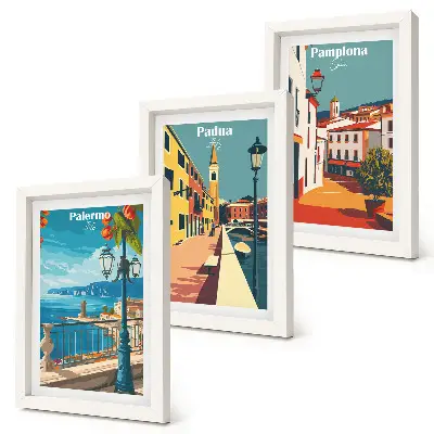 Photo frame wall set with retro city illustrations