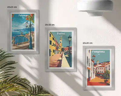 Photo frame wall set with retro city illustrations
