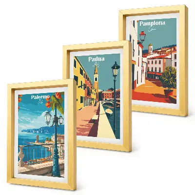 Photo frame wall set with retro city illustrations