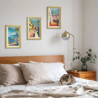 Photo frame wall set with retro city illustrations