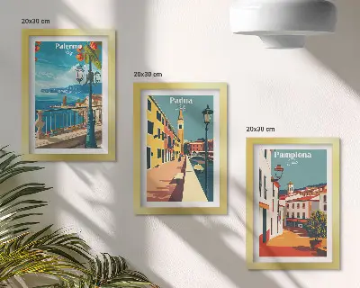 Photo frame wall set with retro city illustrations