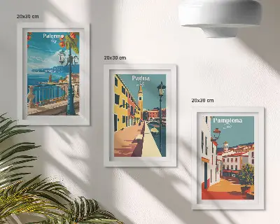 Photo frame wall set with retro city illustrations
