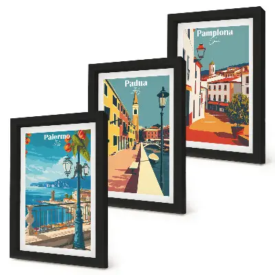 Photo frame wall set with retro city illustrations