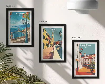 Photo frame wall set with retro city illustrations