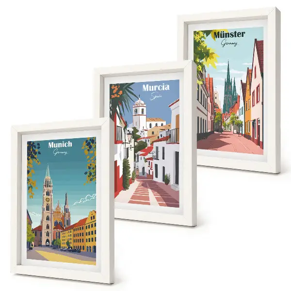 Framed triptych European cities in colorful illustrations