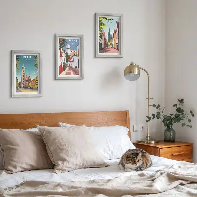 Framed triptych European cities in colorful illustrations