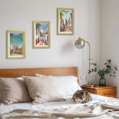 Framed triptych European cities in colorful illustrations