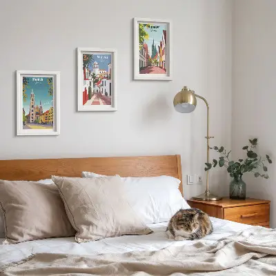 Framed triptych European cities in colorful illustrations