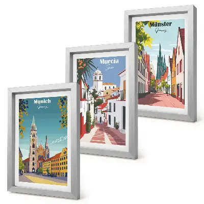 Framed triptych European cities in colorful illustrations